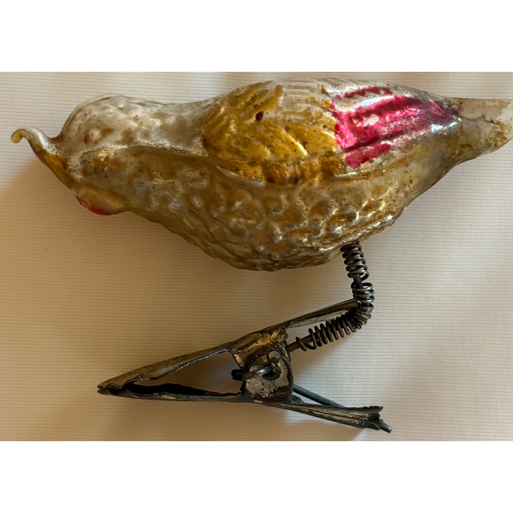 Vintage Early Unsilvered German Mercury Glass Bird Clip Christmas Ornament